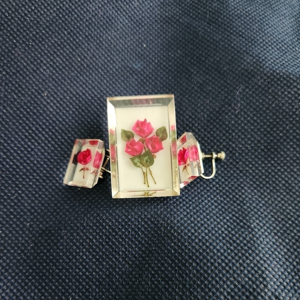 Original 1940s Reverse Carved Lucite Square Pink Rose Screw Back Earrings & Pin!